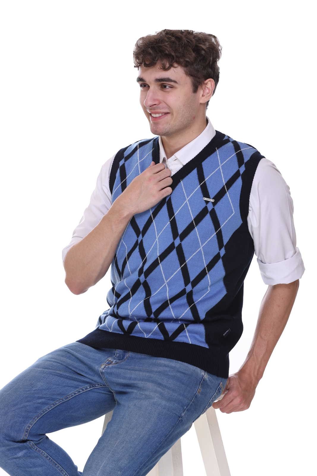 Navy | Sky Woolen V-Neck Sleeveless Sweater For Men