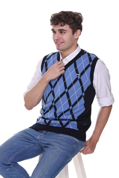 Navy | Sky Woolen V-Neck Sleeveless Sweater For Men