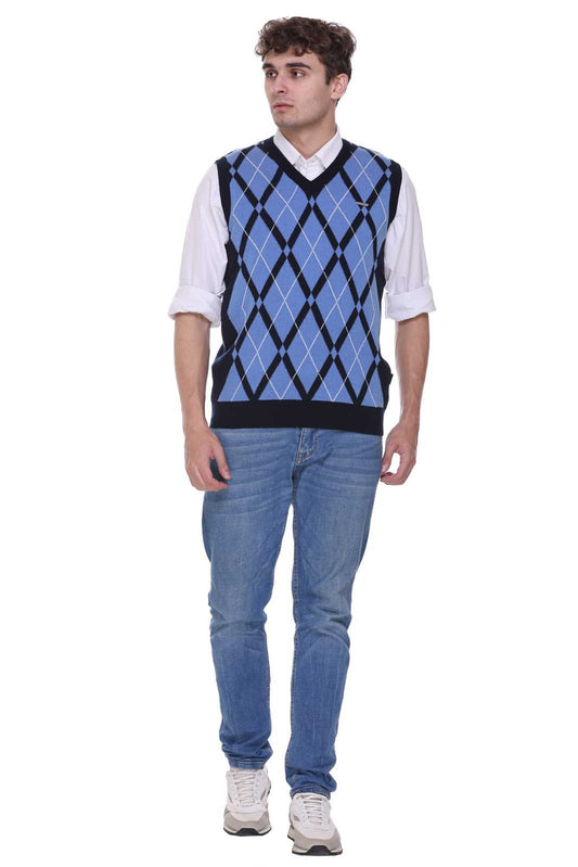 Navy | Sky Woolen V-Neck Sleeveless Sweater For Men