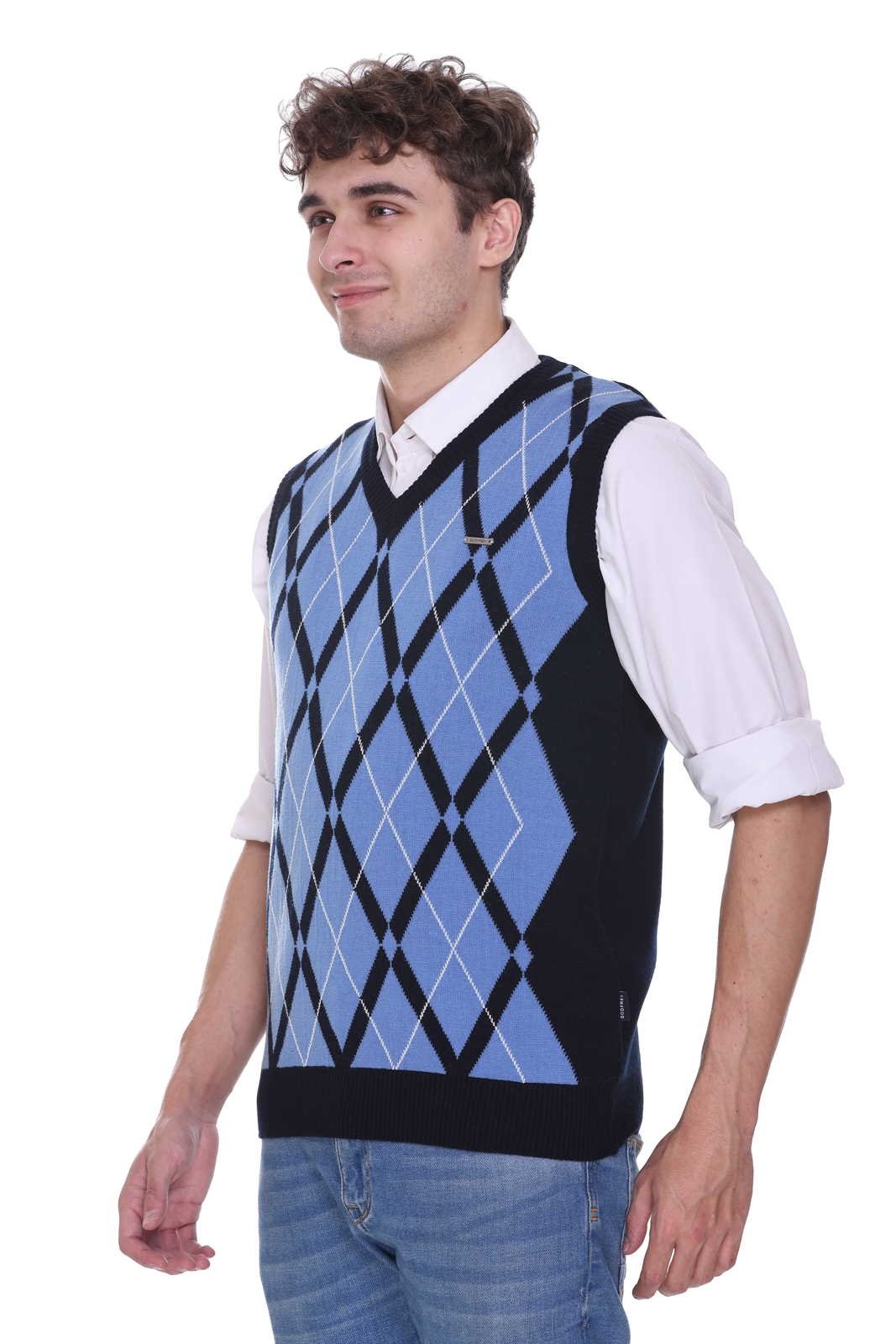 Navy | Sky Woolen V-Neck Sleeveless Sweater For Men