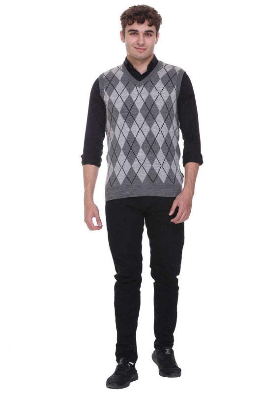 Medium Grey Woolen V-Neck Sleeveless Sweater For Men