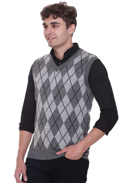 Medium Grey Woolen V-Neck Sleeveless Sweater For Men