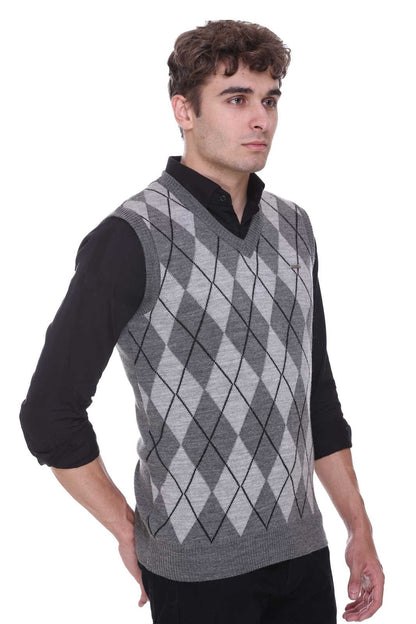 Medium Grey Woolen V-Neck Sleeveless Sweater For Men