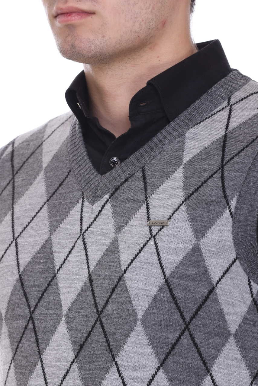 Medium Grey Woolen V-Neck Sleeveless Sweater For Men