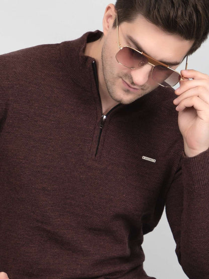 Coffee Half Zipper Self Design Knitted Men Sweater