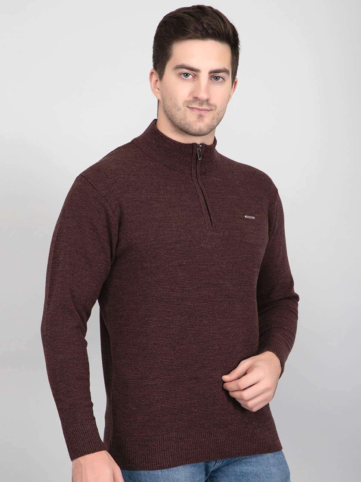 Coffee Half Zipper Self Design Knitted Men Sweater