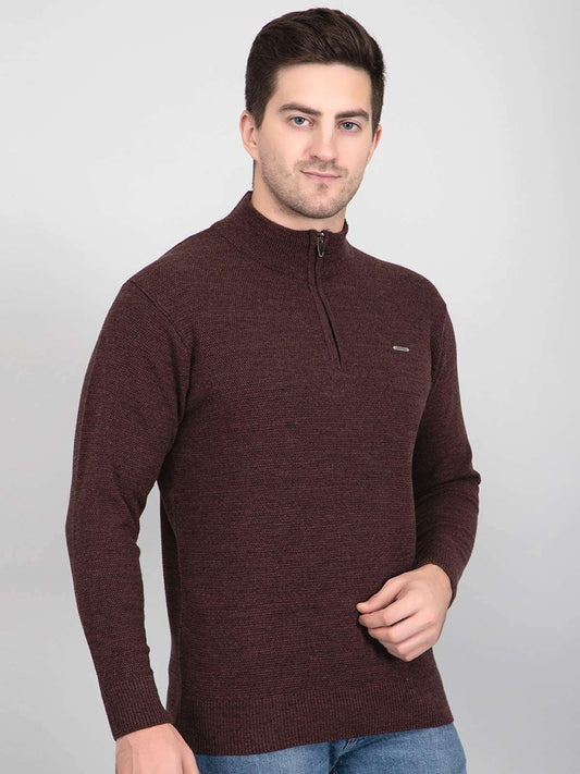 Coffee Half Zipper Self Design Knitted Men Sweater