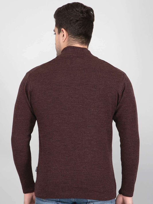 Coffee Half Zipper Self Design Knitted Men Sweater