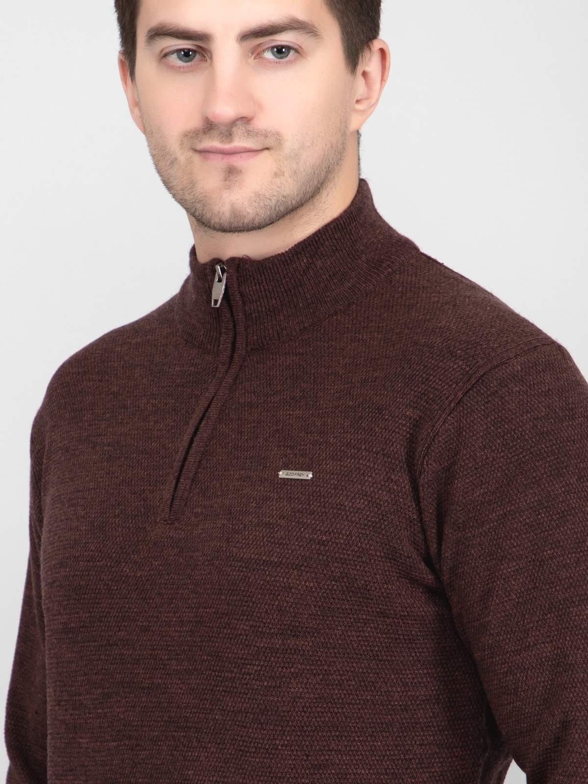 Coffee Half Zipper Self Design Knitted Men Sweater