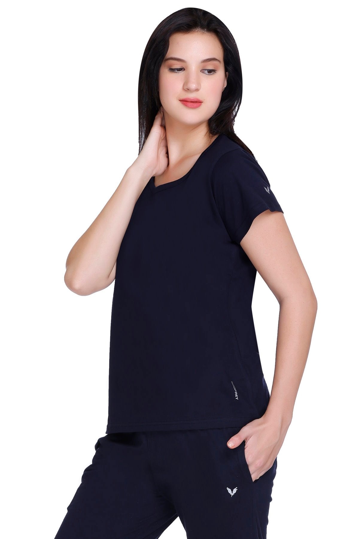 Women Solid Navy Cotton Round Neck T-Shirt