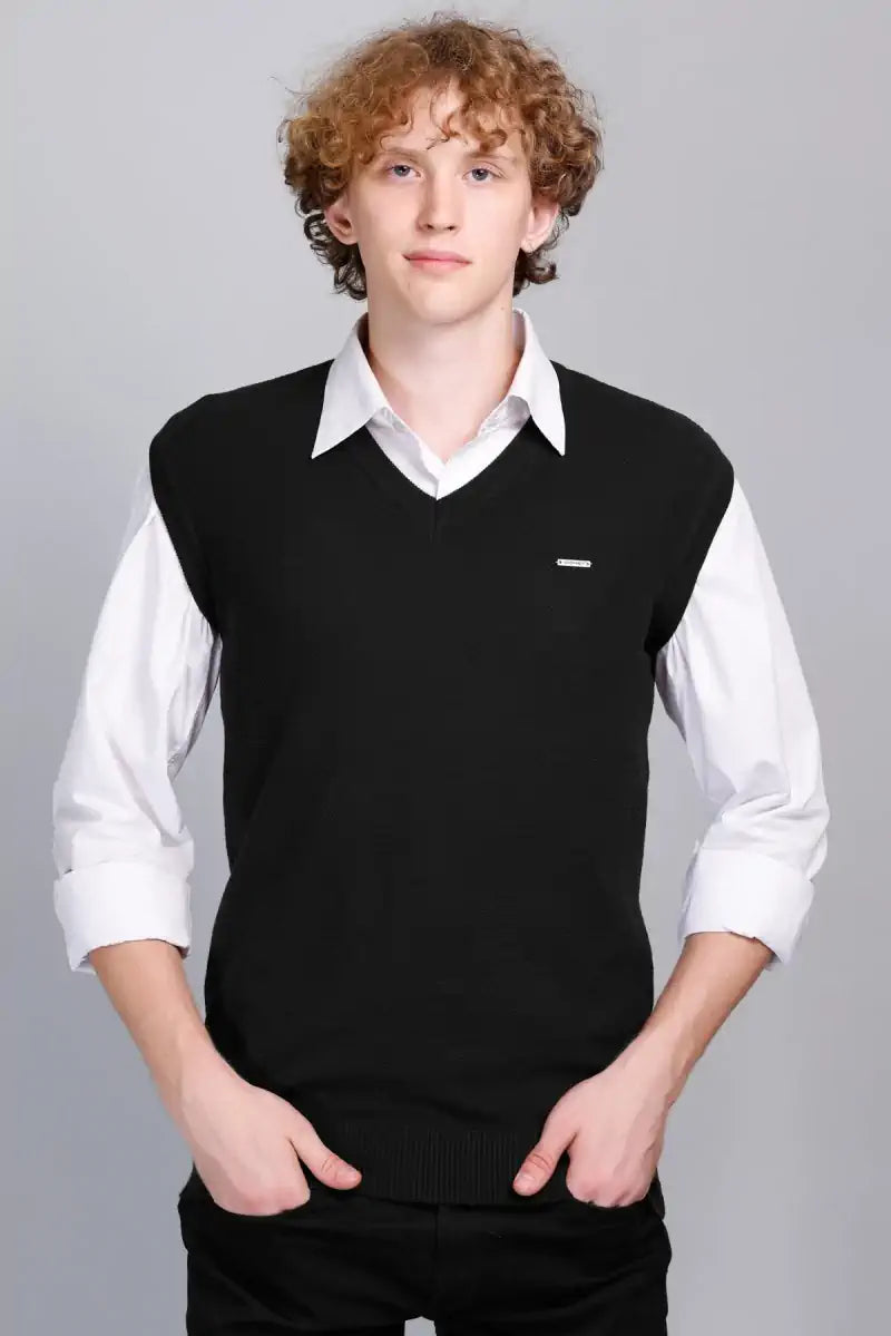 Black V-Neck Sleeveless Sweater Vest Men