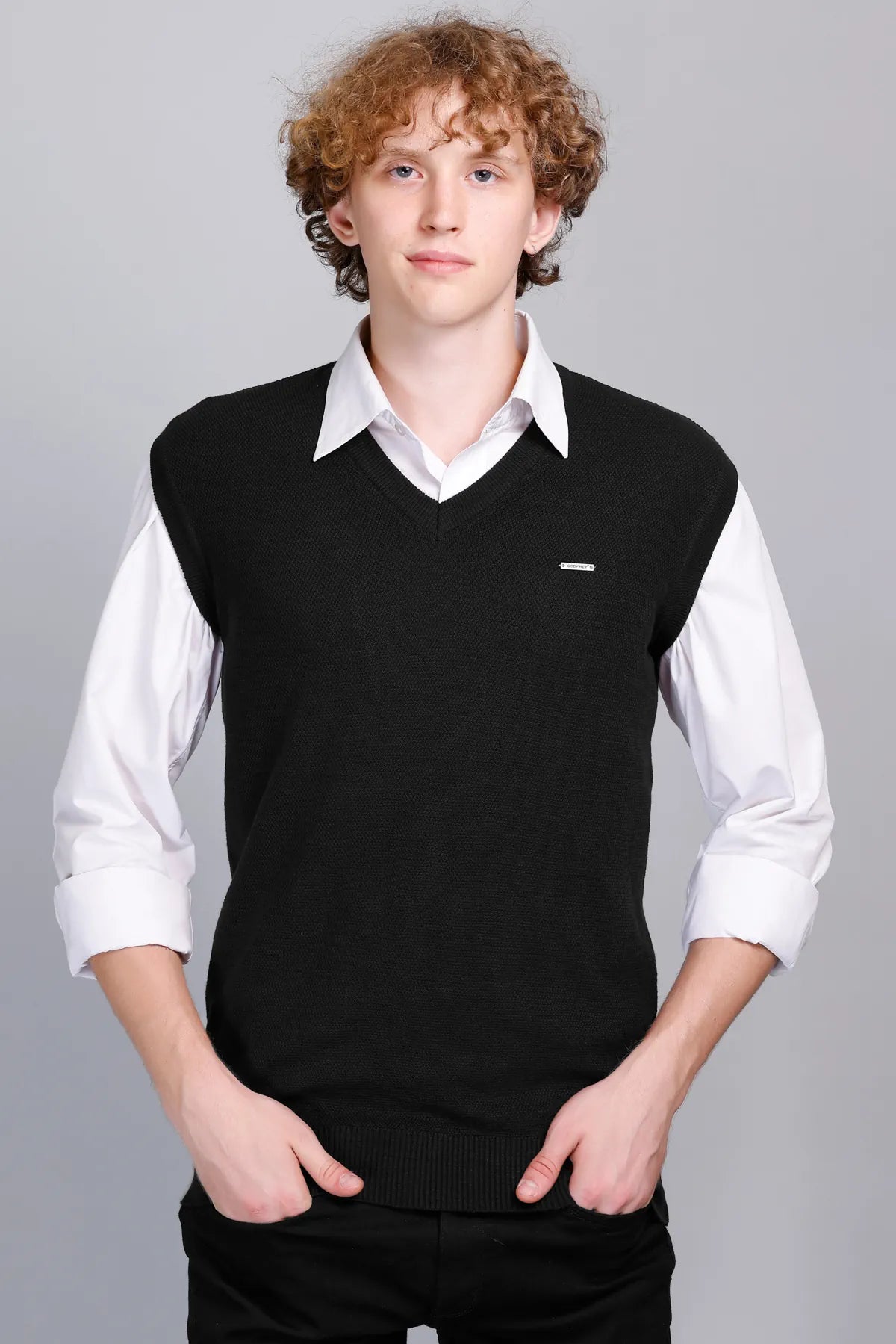 Black V-Neck Sleeveless Sweater Vest Men