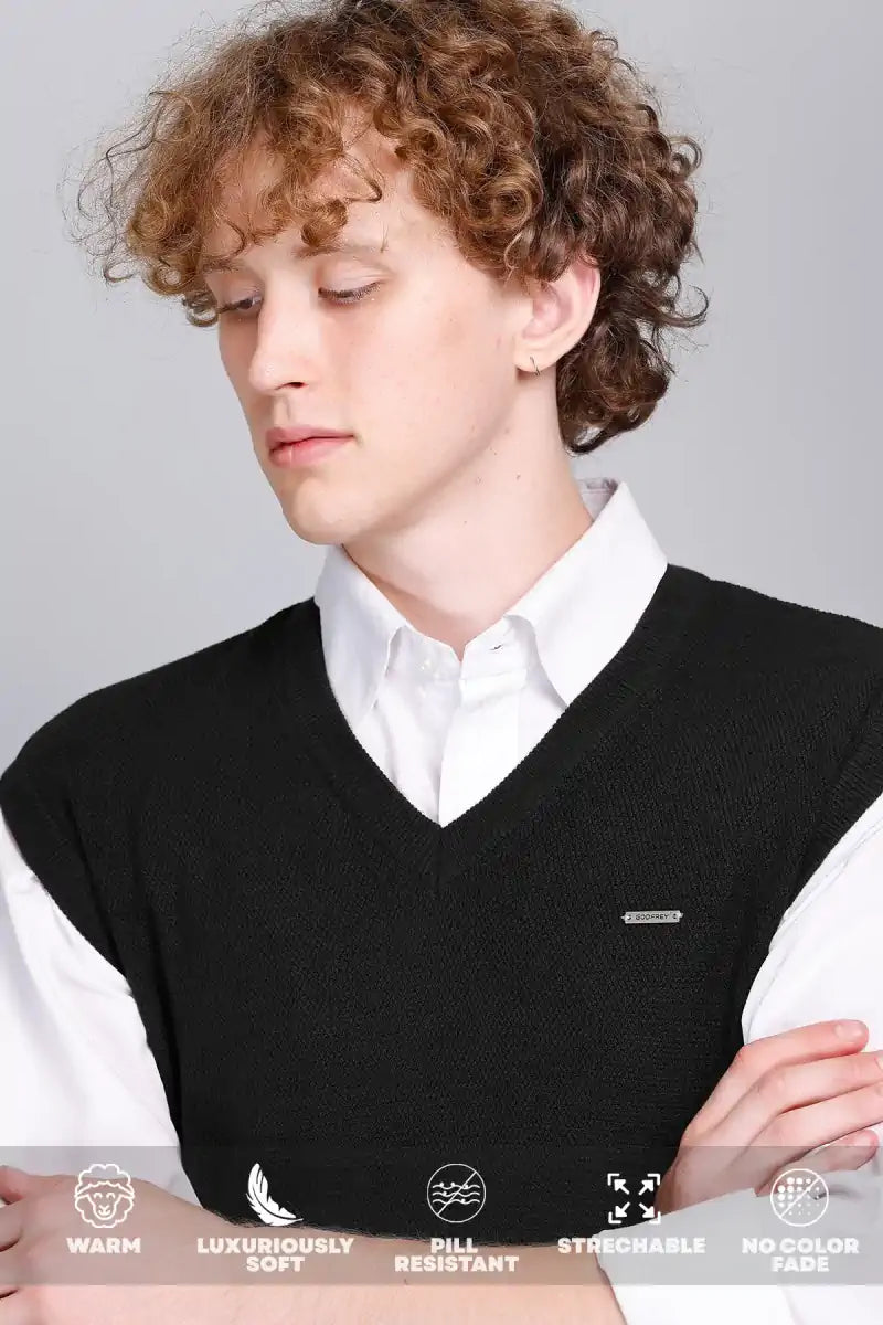 Black V-Neck Sleeveless Sweater Vest Men
