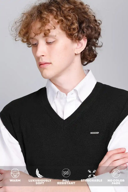 Black V-Neck Sleeveless Sweater Vest Men