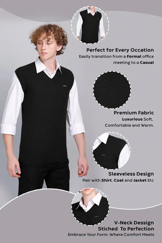 Black V-Neck Sleeveless Sweater Vest Men
