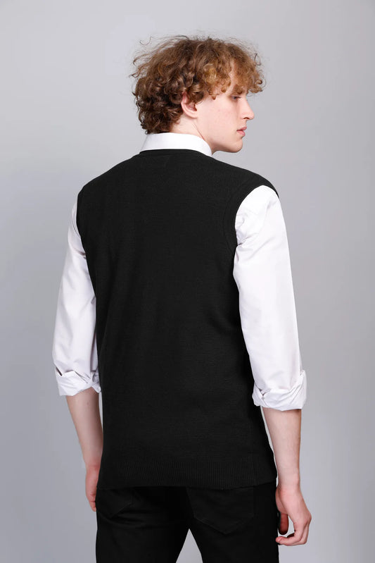 Black V-Neck Sleeveless Sweater Vest Men