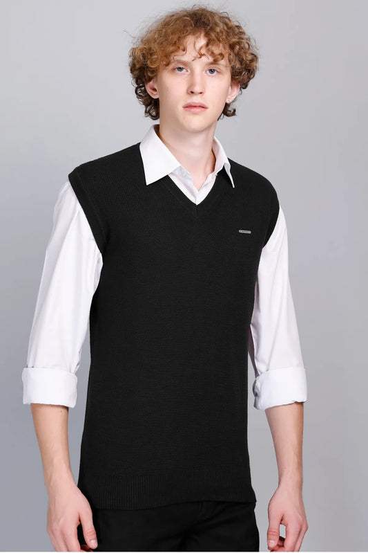 Black V-Neck Sleeveless Sweater Vest Men
