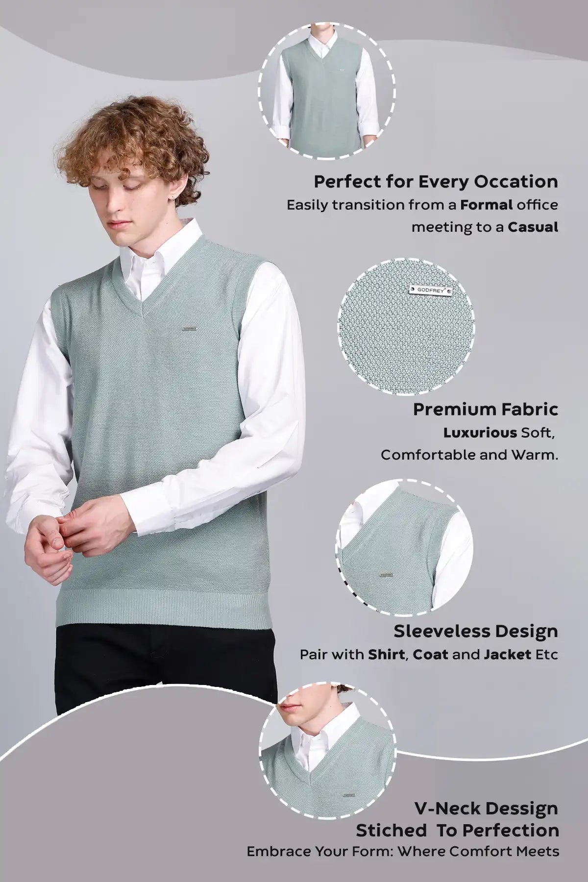 Ocean Green V-Neck Sleeveless Sweater Vest Men