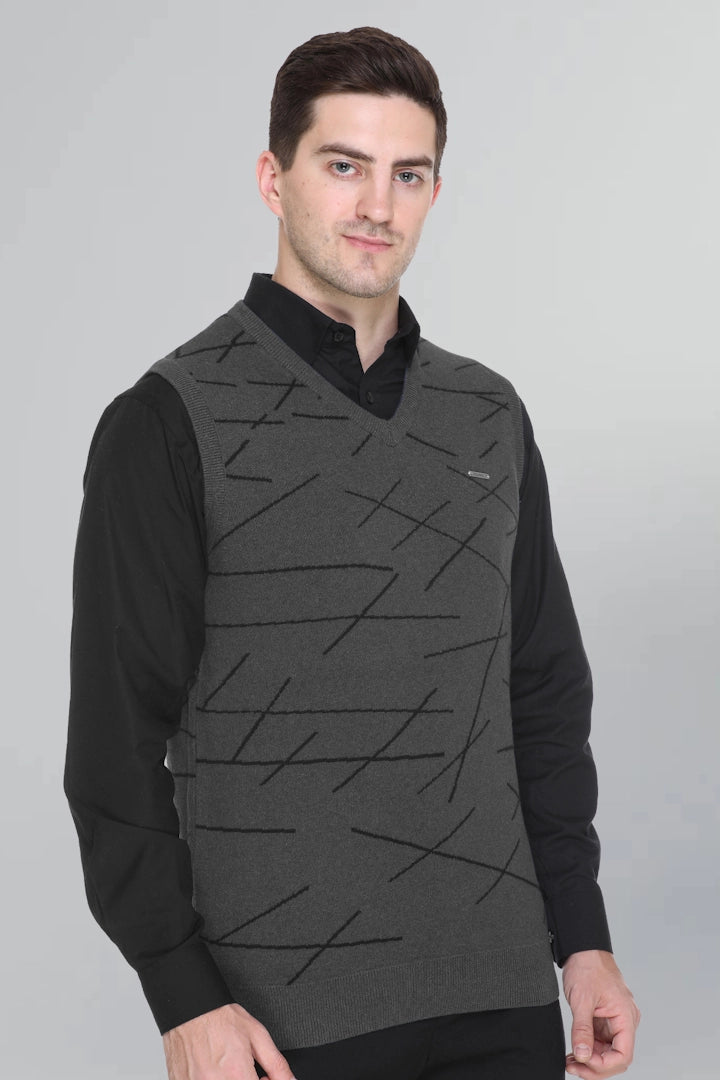 Charcoal Woolen V-Neck Men Designer Sleeveless Sweater
