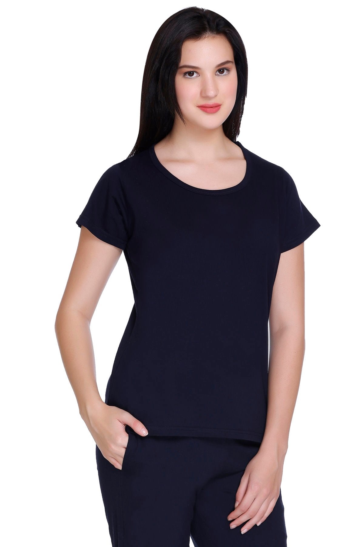 Women Solid Navy Cotton Round Neck T-Shirt