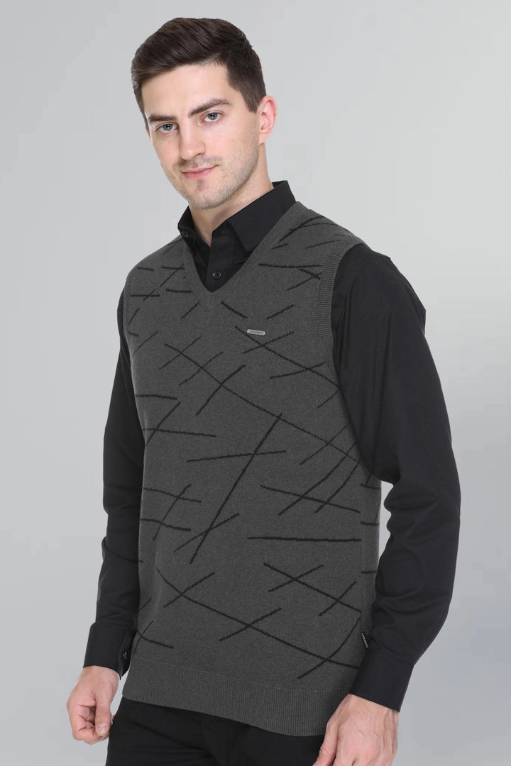 Charcoal Woolen V-Neck Men Designer Sleeveless Sweater