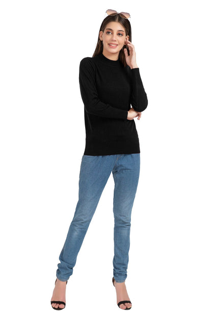 Black Full Sleeve Woolen Turtle Neck Sweater For Women