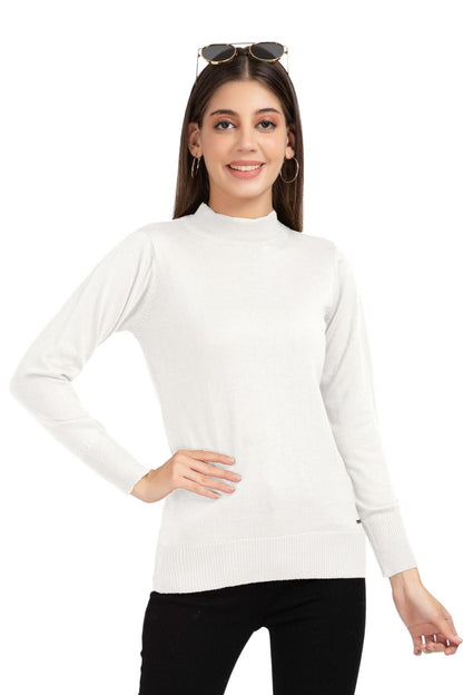 Off White Full Sleeve Woolen Turtle Neck Sweater For Women