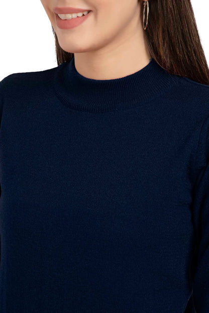 Navy Full Sleeve Woolen Turtle Neck Sweater For Women