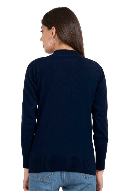 Navy Full Sleeve Woolen Turtle Neck Sweater For Women