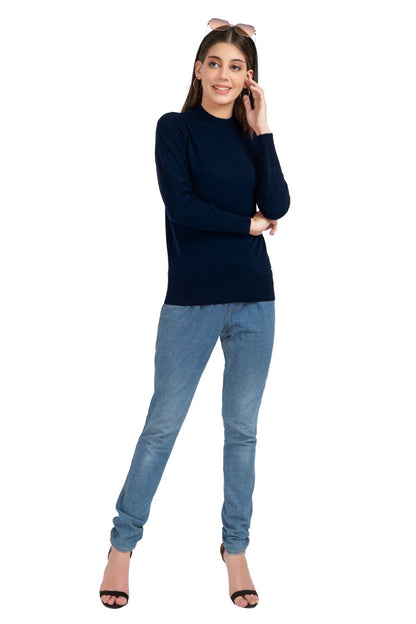 Navy Full Sleeve Woolen Turtle Neck Sweater For Women