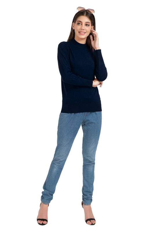 Navy Full Sleeve Woolen Turtle Neck Sweater For Women