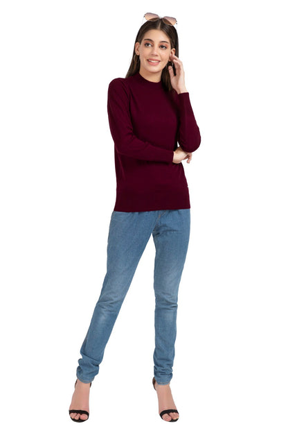 Burgundy Full Sleeve Woolen Turtle Neck Sweater For Women
