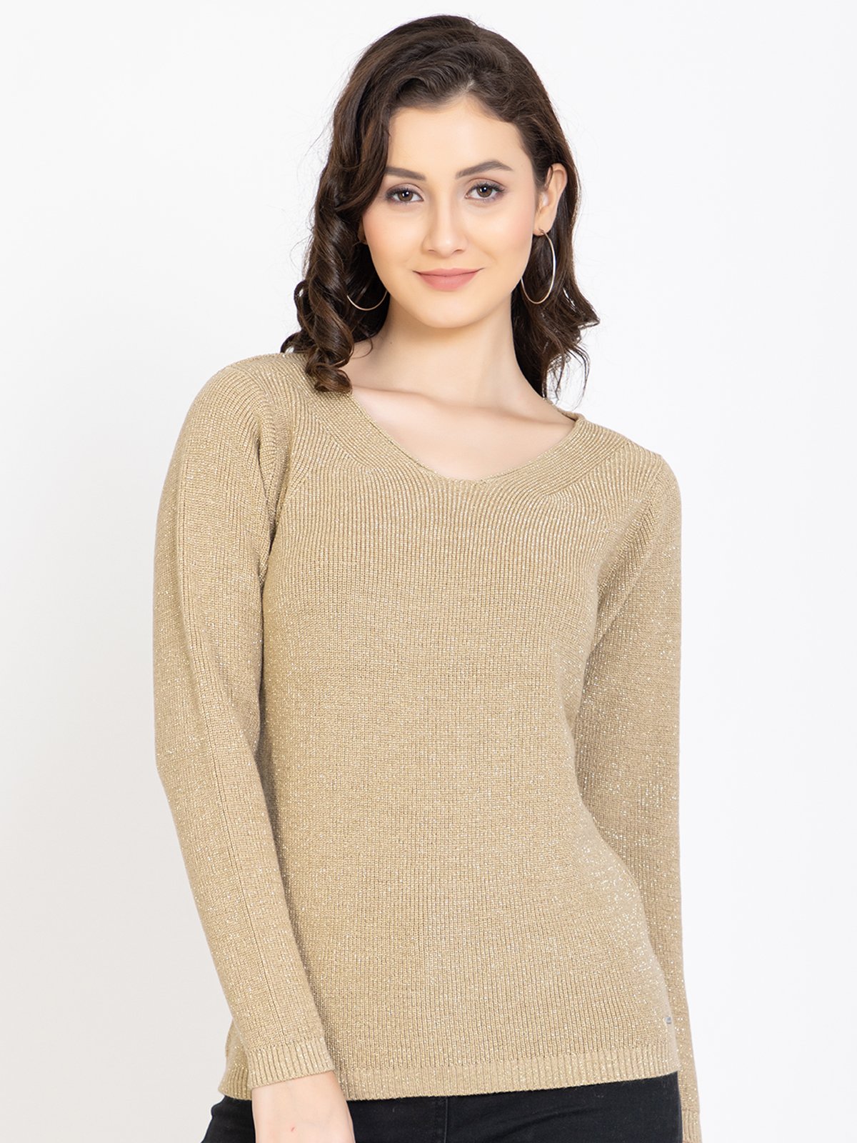 Beige Woolen V-Neck Self Design Sweater For Women