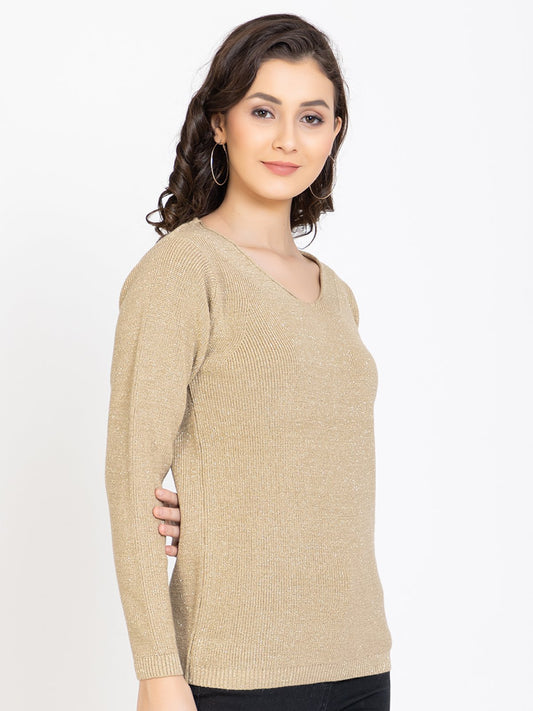 Beige Woolen V-Neck Self Design Sweater For Women