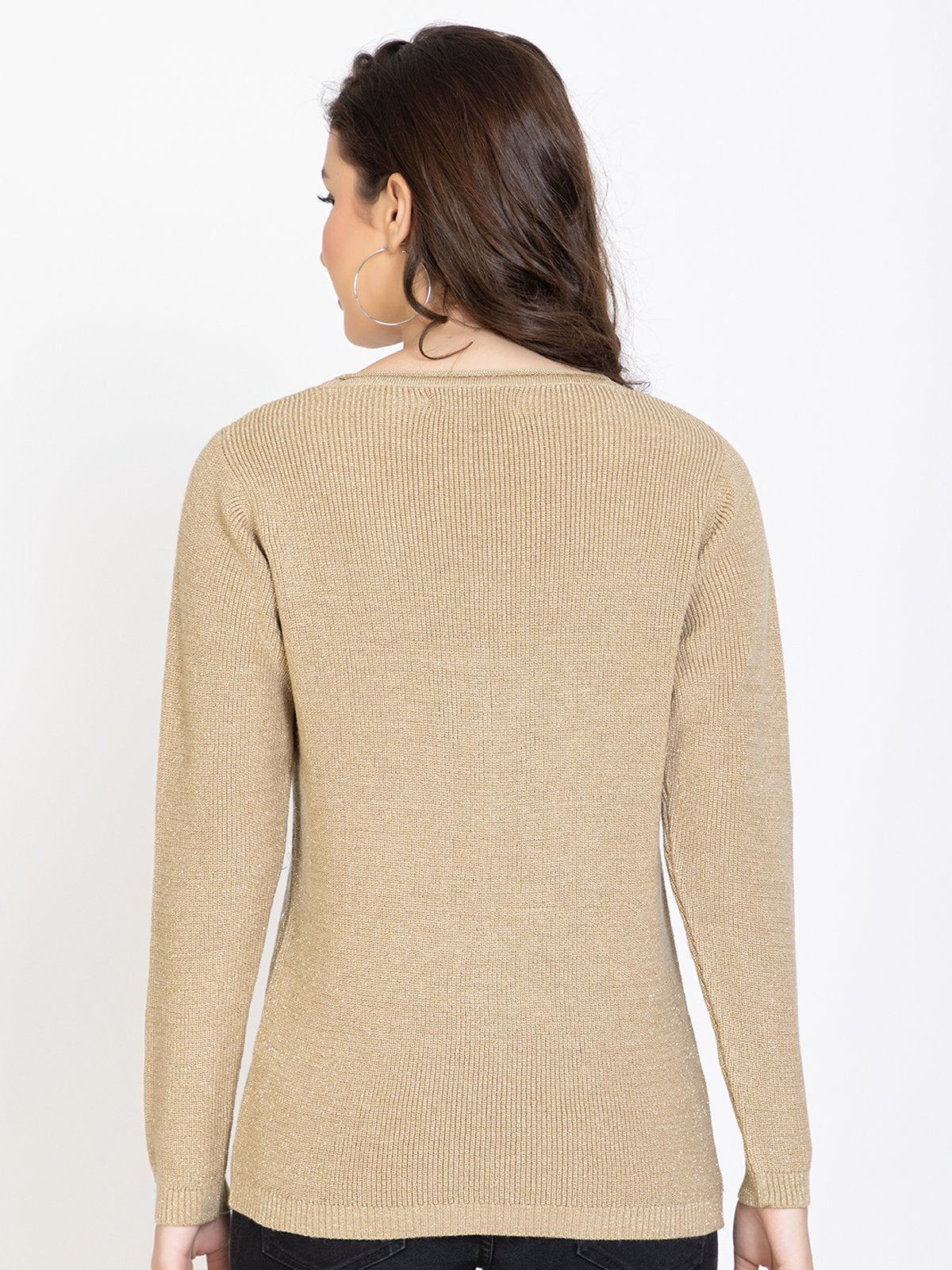 Beige Woolen V-Neck Self Design Sweater For Women