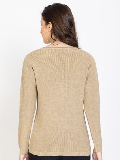 Beige Woolen V-Neck Self Design Sweater For Women
