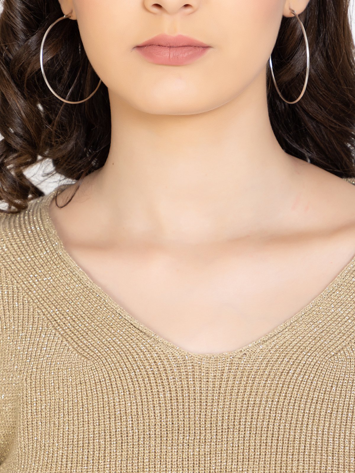 Beige Woolen V-Neck Self Design Sweater For Women