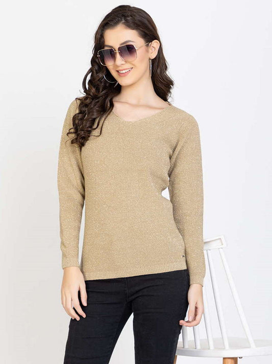 Beige Woolen V-Neck Self Design Sweater For Women