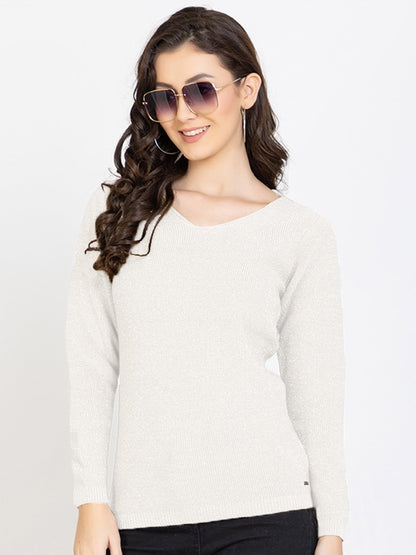 White Woolen V-Neck Self Design Sweater For Women