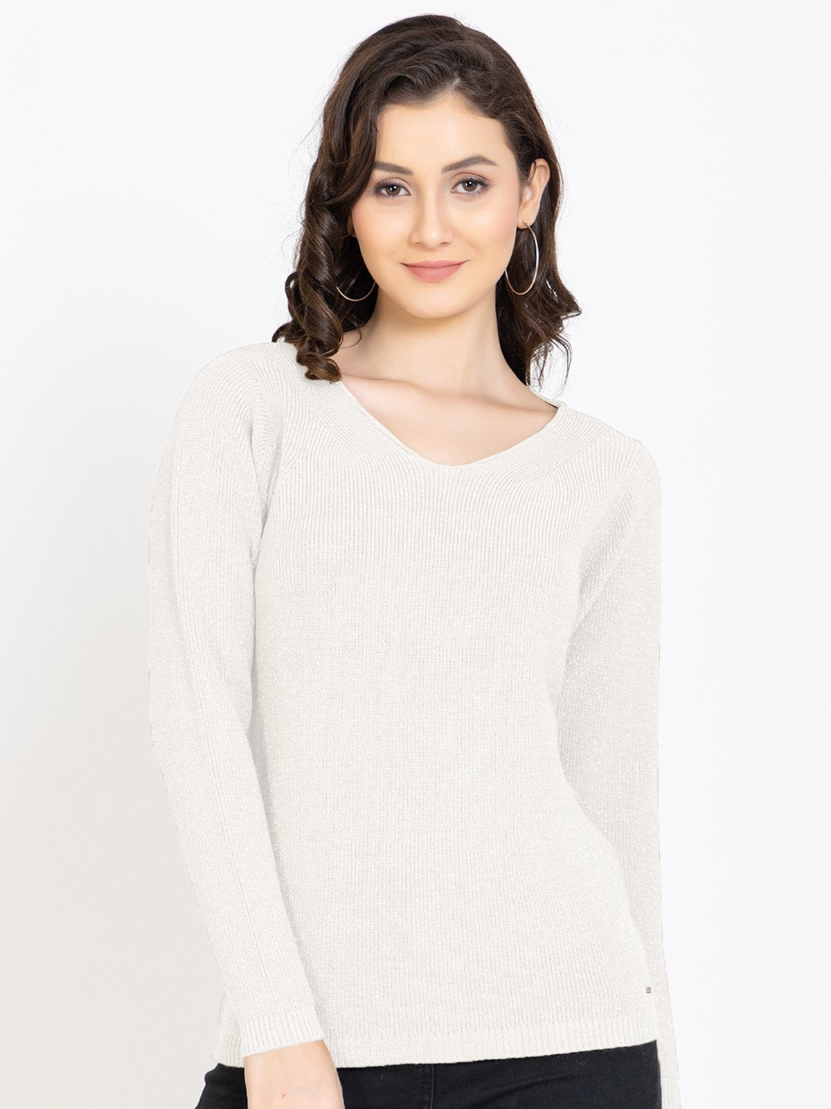 White Woolen V-Neck Self Design Sweater For Women