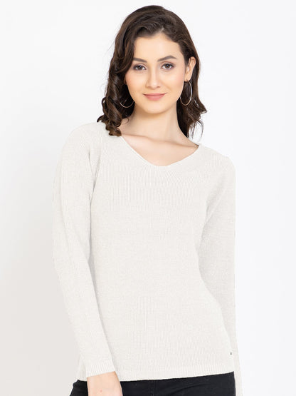 White Woolen V-Neck Self Design Sweater For Women