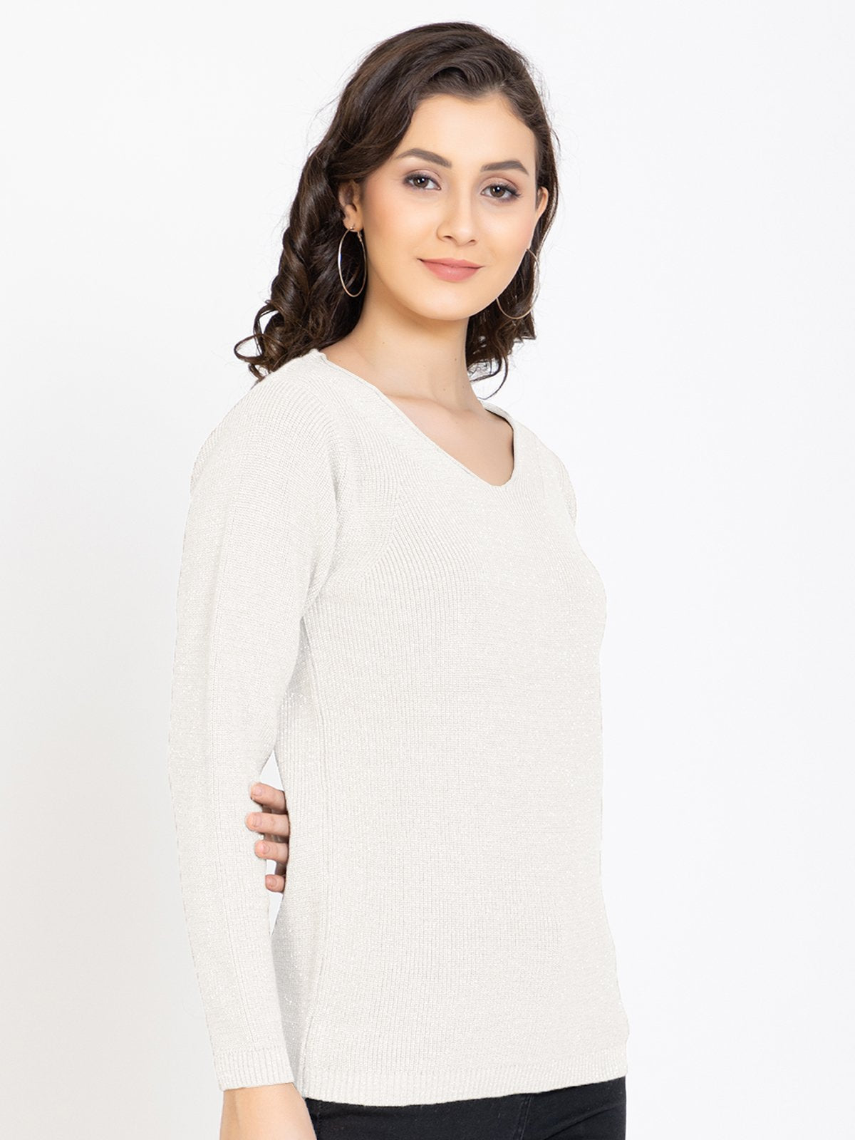 White Woolen V-Neck Self Design Sweater For Women
