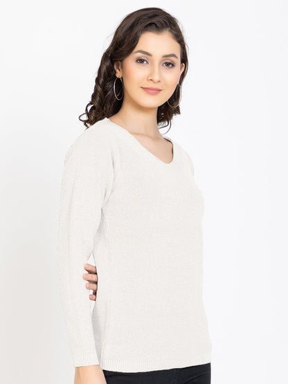 White Woolen V-Neck Self Design Sweater For Women