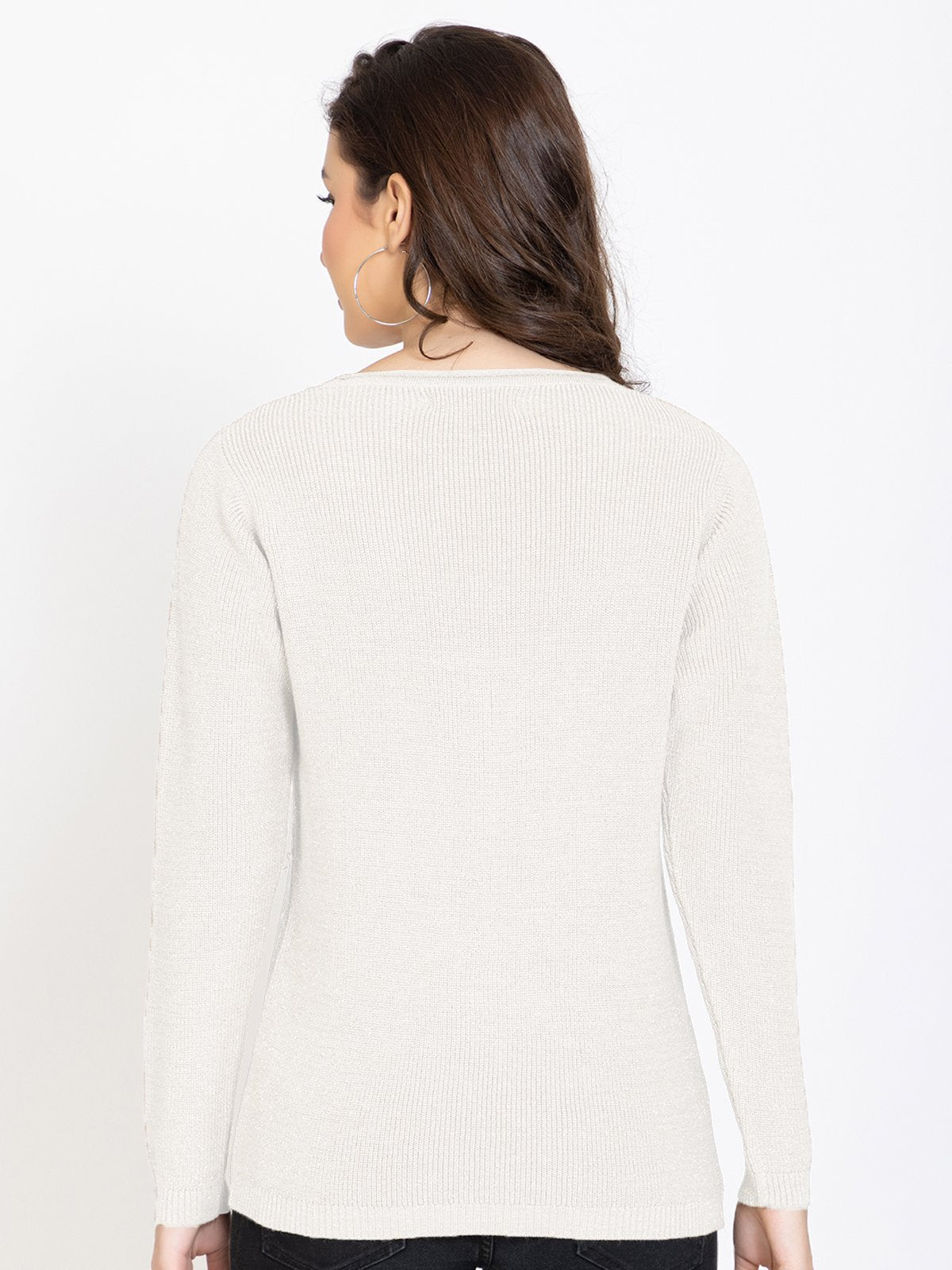 White Woolen V-Neck Self Design Sweater For Women