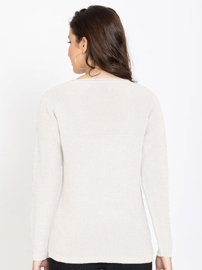 White Woolen V-Neck Self Design Sweater For Women