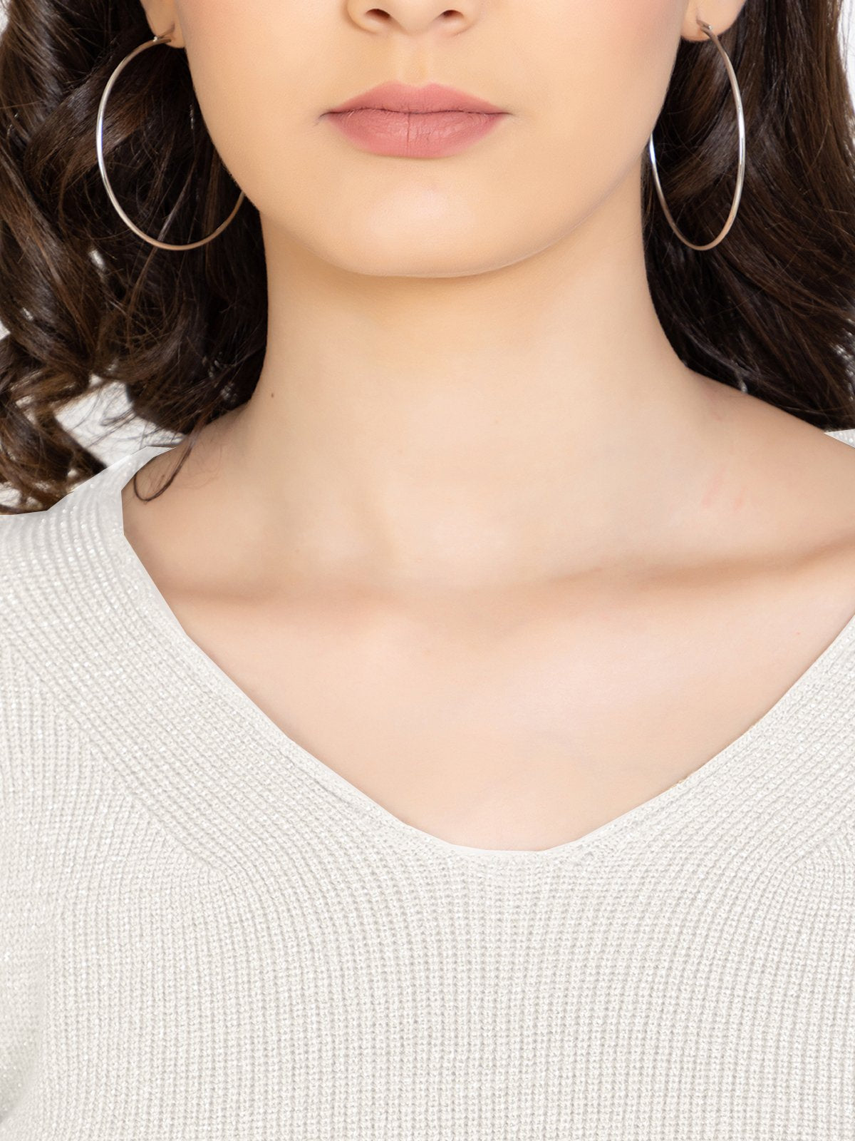 White Woolen V-Neck Self Design Sweater For Women