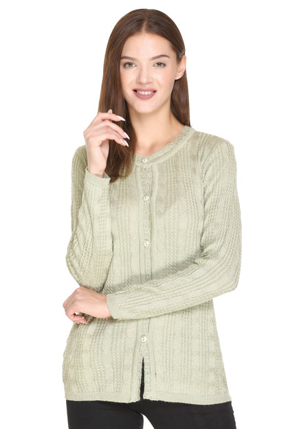 Pista Woolen Band Neck Self Knit Cable Textured Design Cardigan For Women