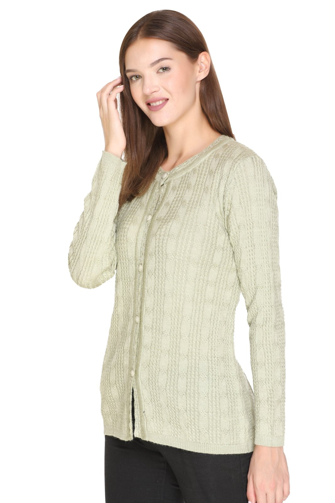 Pista Woolen Band Neck Self Knit Cable Textured Design Cardigan For Women