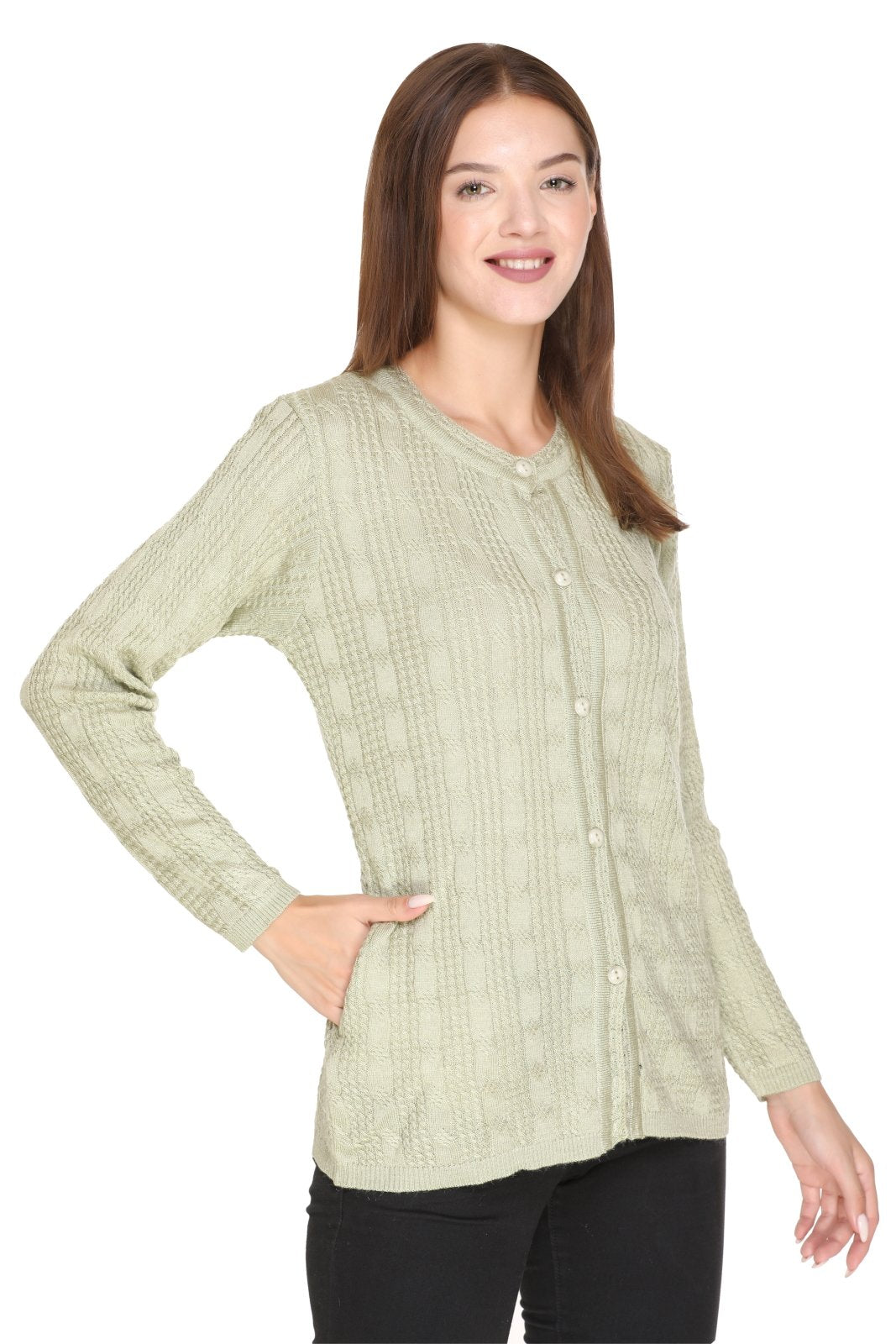Pista Woolen Band Neck Self Knit Cable Textured Design Cardigan For Women