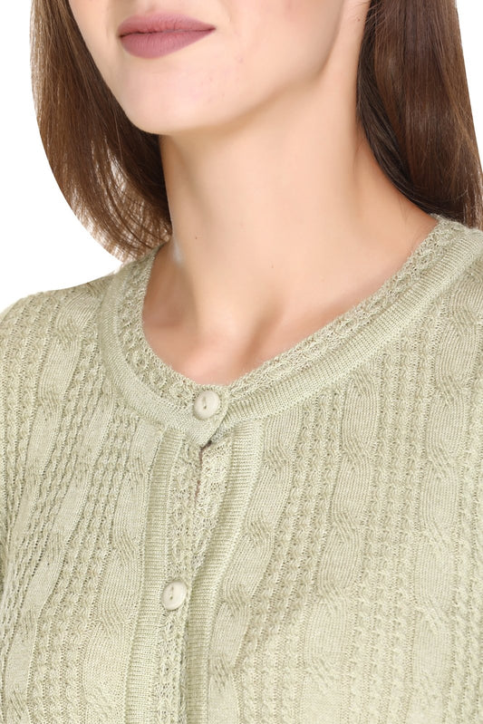 Pista Woolen Band Neck Self Knit Cable Textured Design Cardigan For Women